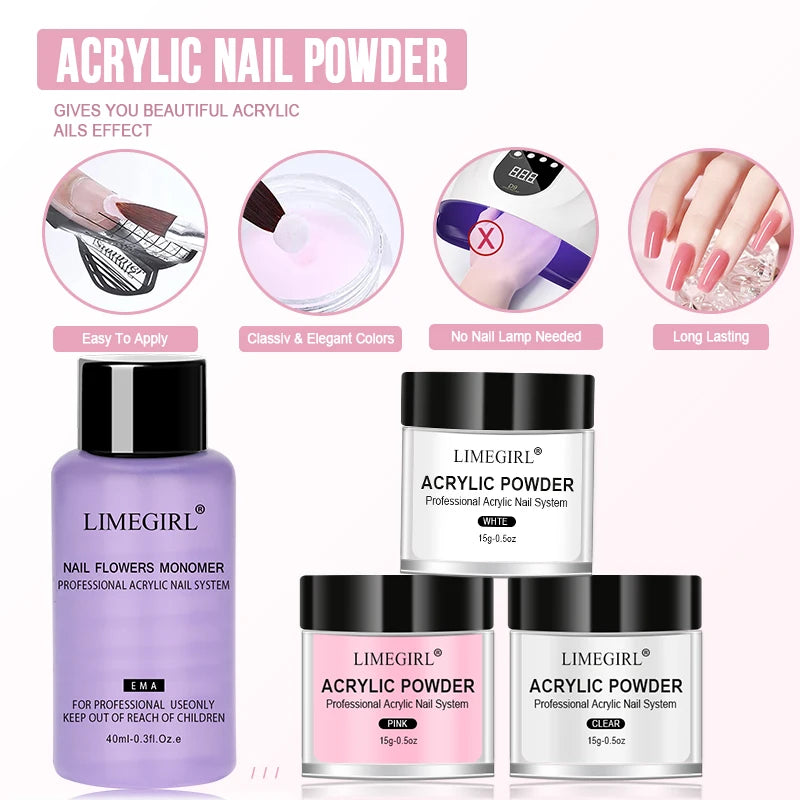 Acrylic Nail Kit Nails Acrylic Powder Manicure Set Kit Profesional with Liquid Monomer Nail Brush Nail Tips for Nails Extension